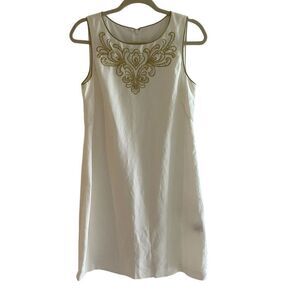 White Gold Beaded Embroidered Linen Blend Dress Women’s Size Small Sleeveless